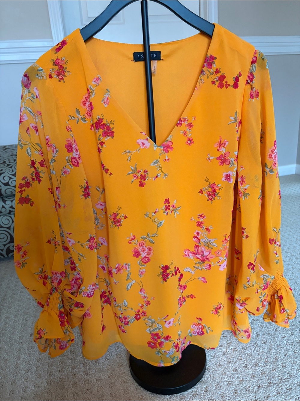 1.STATE Sunny Yellow Floral V-Neck Blouse